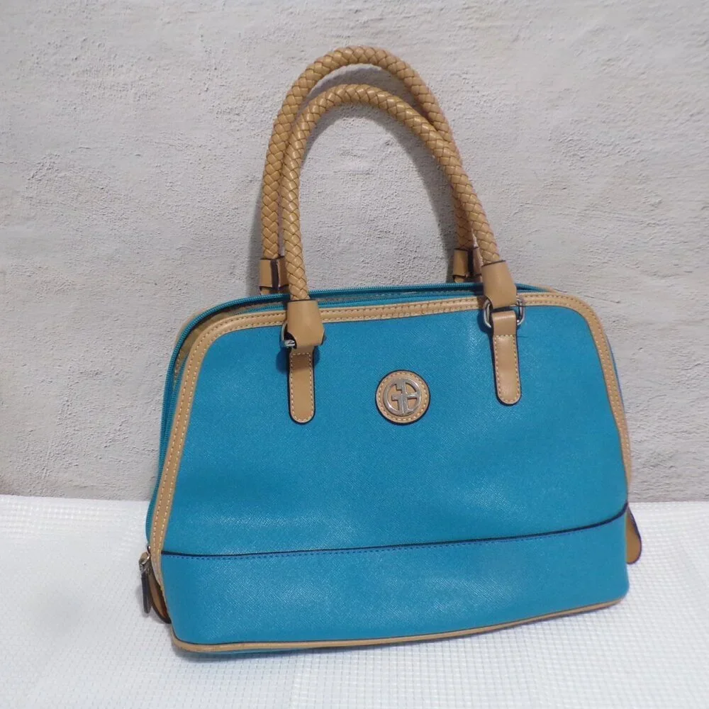 Gianibernini Teal & Beige‎ Handbag Leather with Silver Accents Zipper Closure